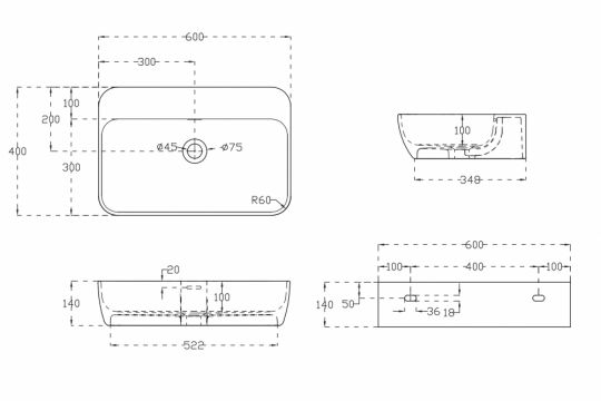 Раковина подвесная ABBER Stein AS2654 белая матовая схема 2 Раковина подвесная ABBER Stein AS2654 белая матовая схема 2