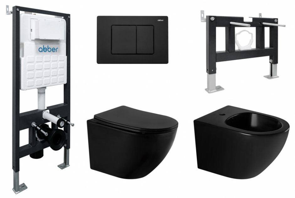 Комплект ABBER унитаз AC1100MB черный матовый с инсталляцией AC0105 и кнопкой AC0120MB, биде AC1150MB с инсталляцией AC0101P
