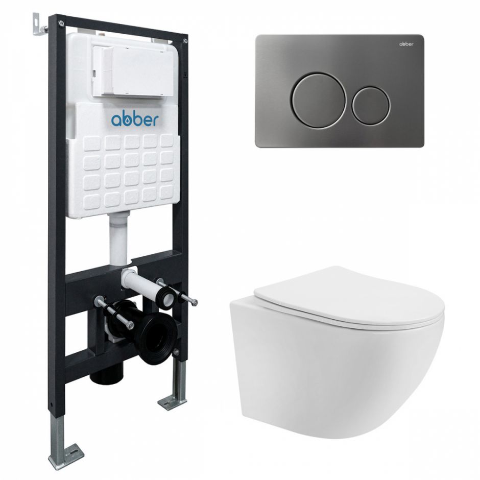 Изображение Комплект подвесной унитаз ABBER Bequem AC1100T белый с инсталляцией AC0105 и кнопкой AC0121NG никель