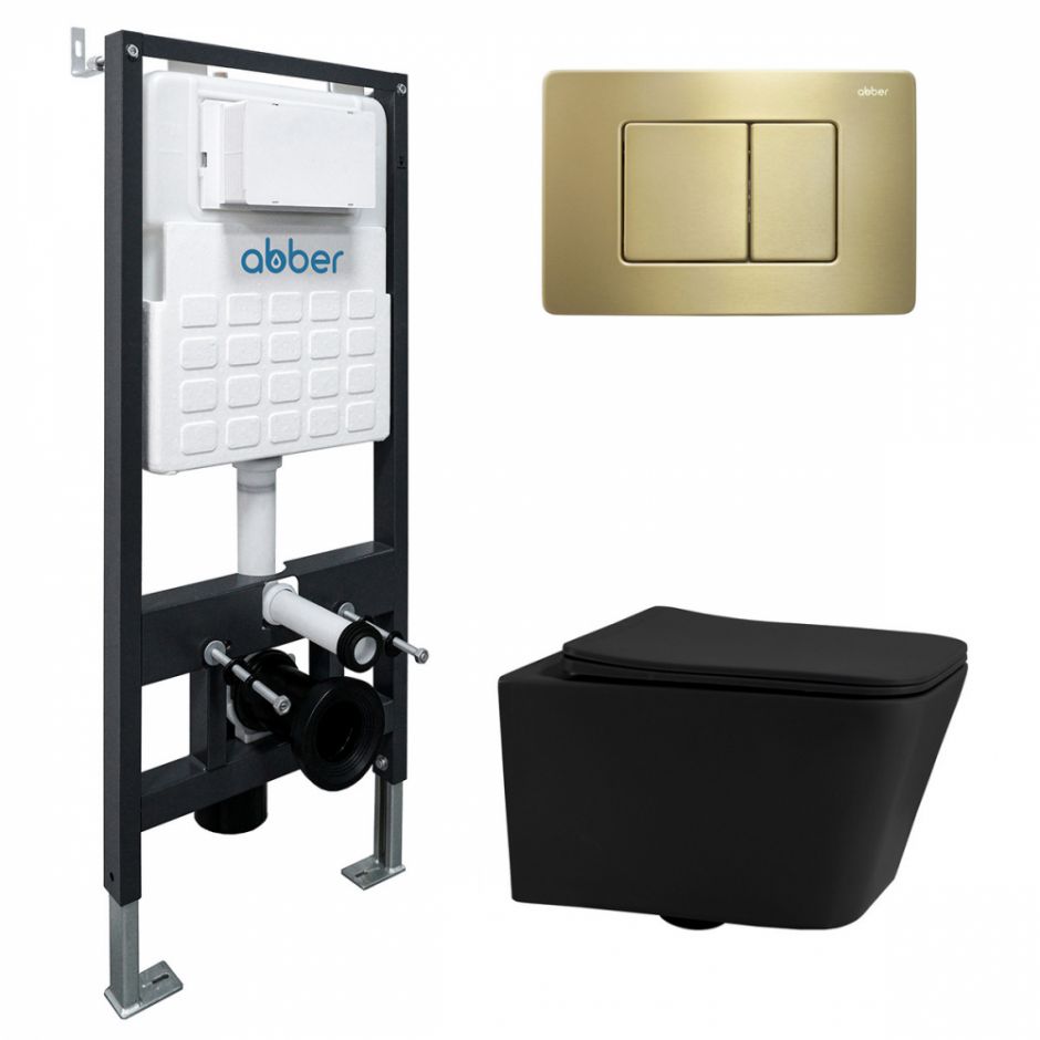 Изображение Комплект подвесной унитаз ABBER Rechteck AC1201MB черный матовый с инсталляцией AC0105 и кнопкой AC0120MMG золото матовое