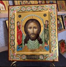 Спас Нерукотворный  27х31 см (рукописная икона с холодными эмалями, сусальным золотом и чеканкой)