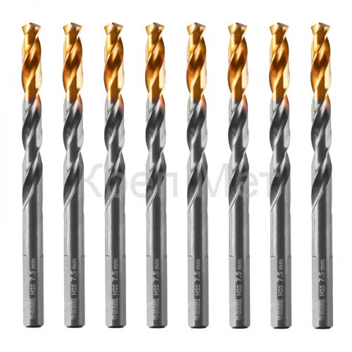 Сверло по металлу, 7,5 мм, HSS-Tin, Golden Tip, 8 шт. Denzel