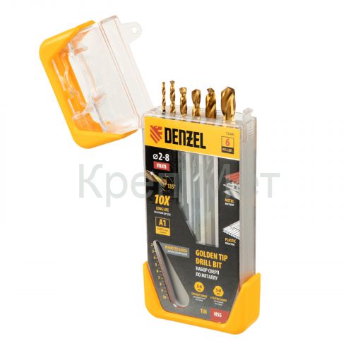 Набор сверл по металлу, 2-3-4-5-6-8 мм, HSS-Tin, Golden Tip, 6 шт Denzel