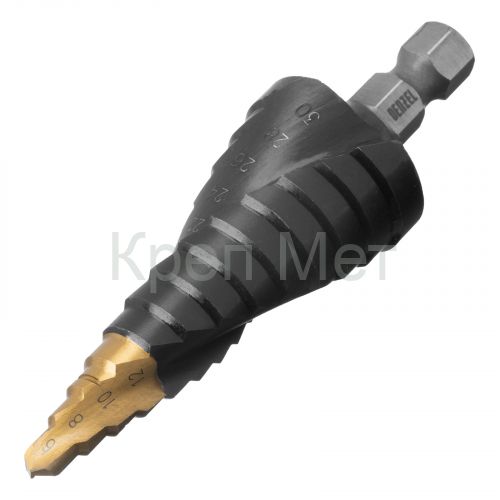 Сверло ступенчатое, 6-8-10-12-14-16-18-20-22-24-26-28-30мм, Р6М5, 6-гр. хвостовик Denzel