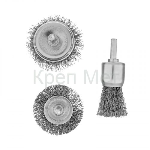 Набор щеток для дрели, 1 Плоская 50мм, 2 Чашки 25-50мм, шпилька, нерж. вит. проволока Denzel