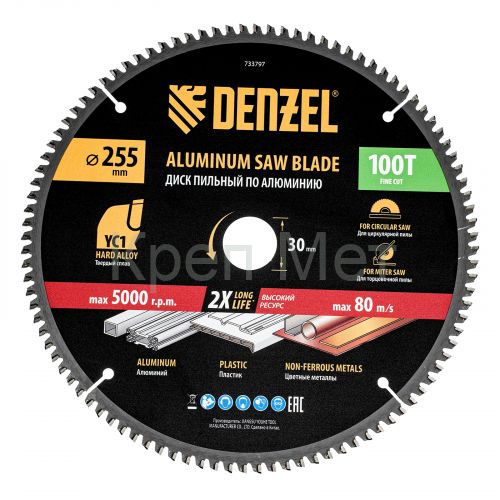 Пильный диск по алюминию ф255 х 30 мм, 100 зубьев Denzel