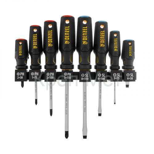 Набор отверток на полке, 8 шт., PH+SL, S2, 3к рукоятка Denzel