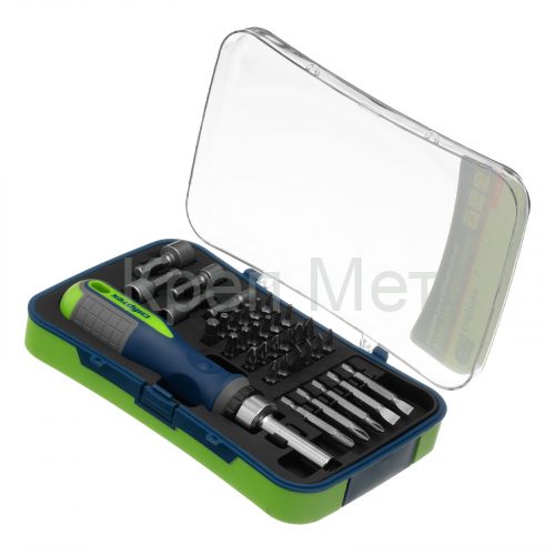 Отвертка реверсивная с набором бит и торцевыми головками, 35 шт, CrV Сибртех