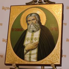 Икона Серафим Саровский 27х31см (Палех, чеканка на сусальном золоте)