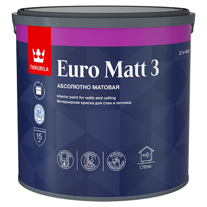 Tikkurila Euro Matt 3 краска интерьерная для стен и потолков абсолютно матовая база C 2.7л