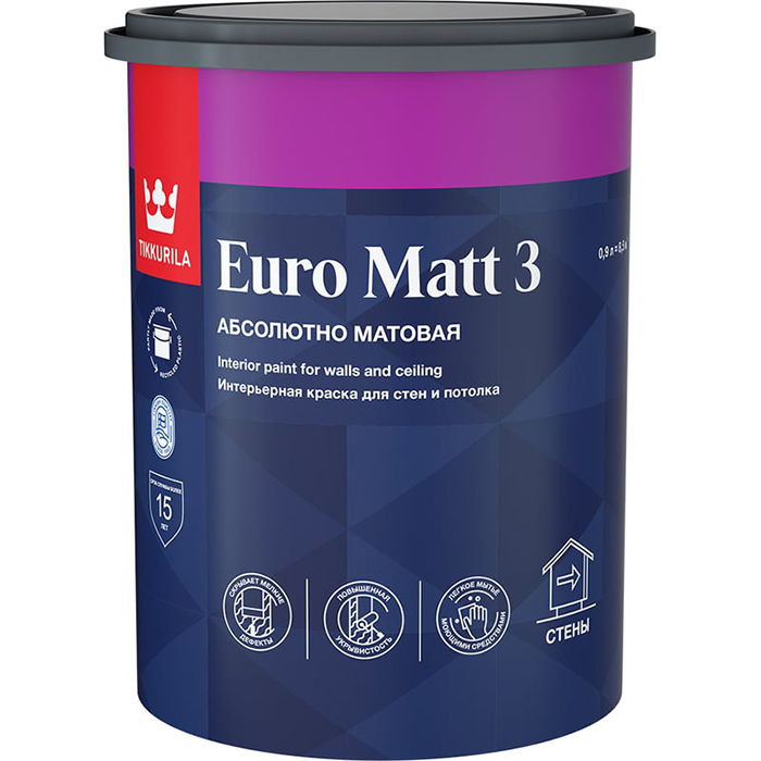 Tikkurila Euro Matt 3 краска интерьерная для стен и потолков абсолютно матовая база A 0.9л