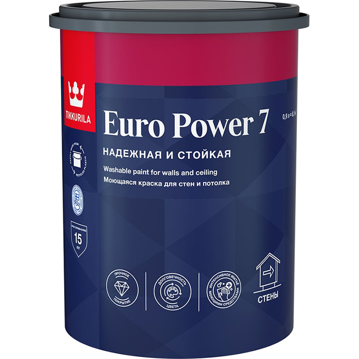Tikkurila Euro Power 7 краска моющаяся для стен и потолка матовая база A 0.9л