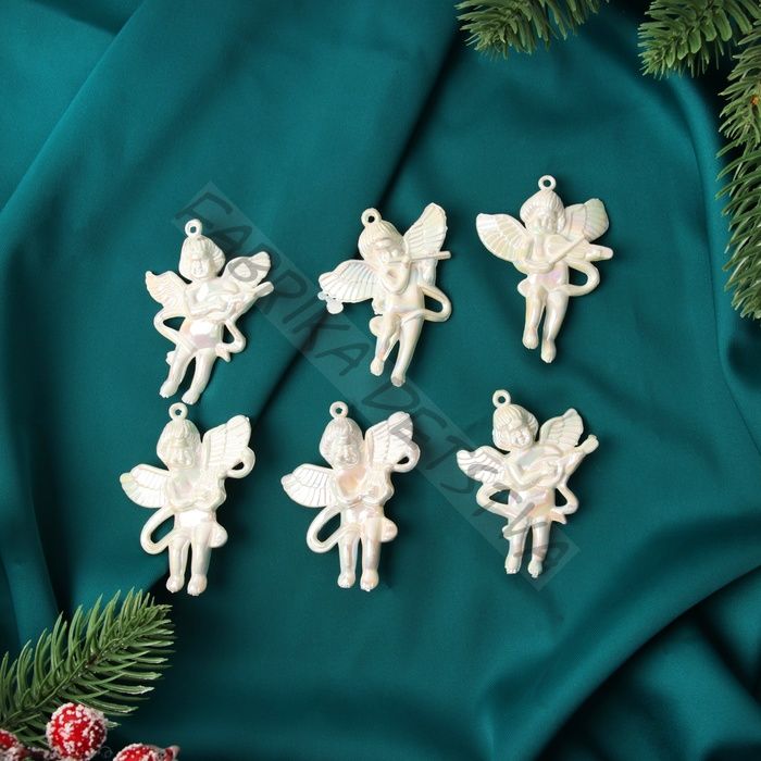 Ёлочная игрушка 6 шт. «Ангелочки перелив» 5.5x4 см, белый перламутр