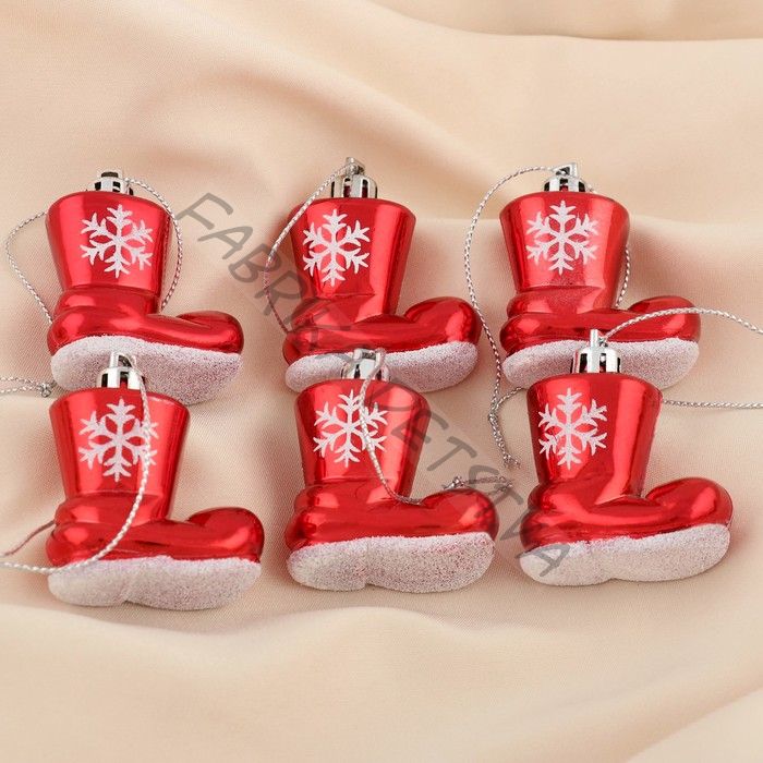 Ёлочные игрушки 6 шт. «Сапожок со снежинкой», 4x4 см, красный