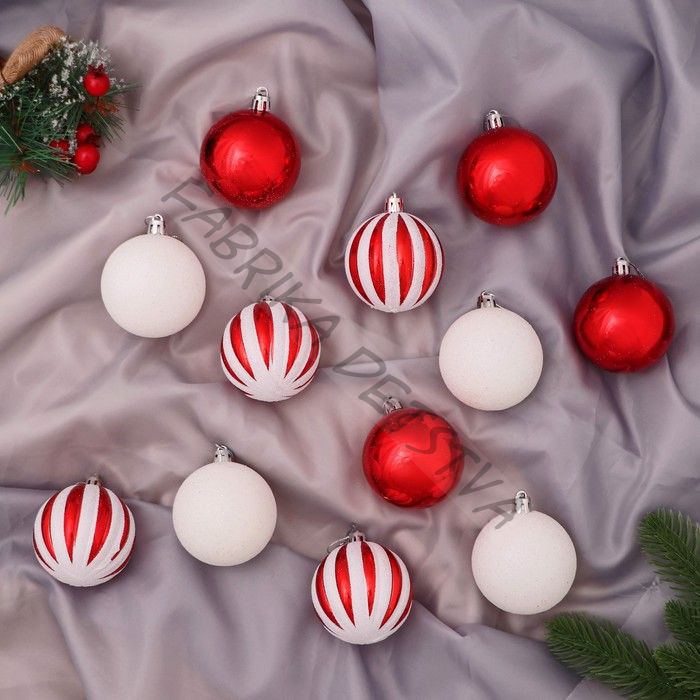 Ёлочные игрушки «Агнет» полосы, шары новогодние, d=6 см, набор 12 шт., красно-белый