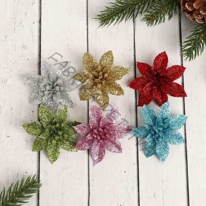 Ёлочные игрушки 6 шт. «Зимнее волшебство. Цветы пышные - блеск» пластик, 5x5 см, МИКС