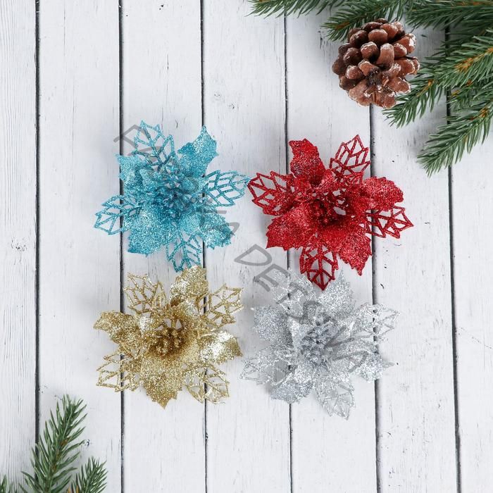 Ёлочные игрушки 4 шт. «Зимнее волшебство. Цветы ажурные - блеск», 8x8 см, МИКС