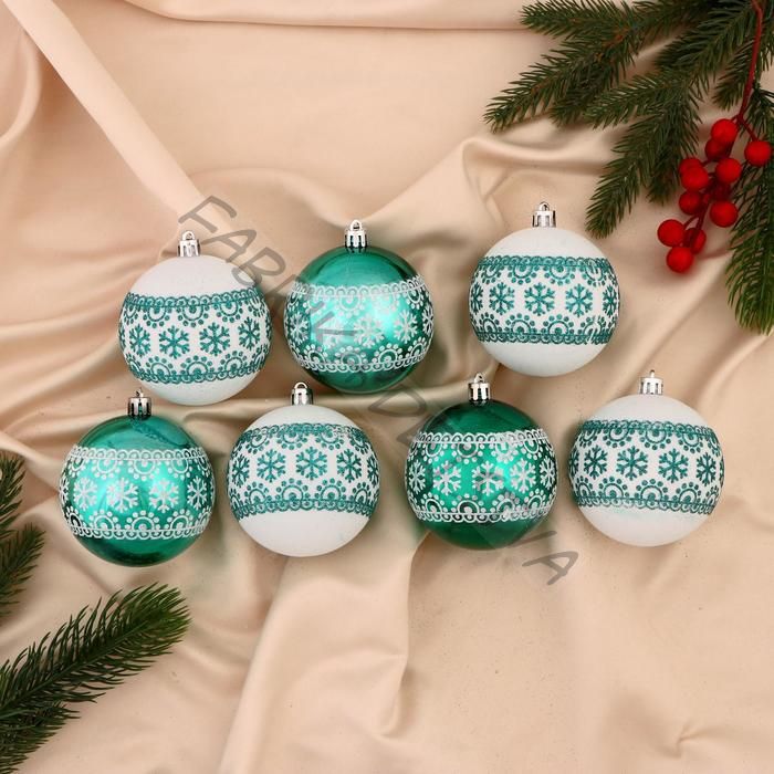 Ёлочные игрушки «Изумрудик-снежный орнамент», шары новогодние, d=8 см, набор 7 шт., бело-зелёный
