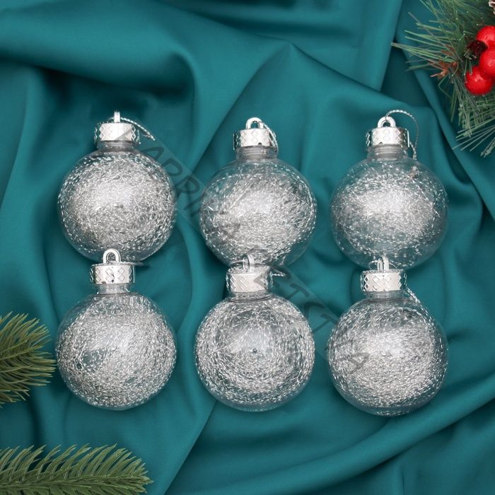 Ёлочные игрушки «Дончо», шары новогодние, d=6 см, набор 6 шт., серебристый/прозрачный