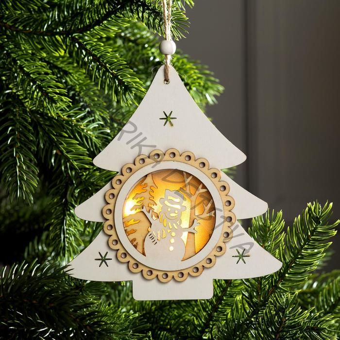 Ёлочная игрушка «Ёлочка со снеговиком», 15х14х2 см, 3 LED, от батареек, свечение тёплое белое