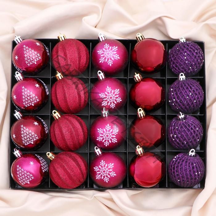 Ёлочные игрушки «Лаурен снежинка», шары новогодние, d=6 см, набор 20 шт., фиолетово-красный