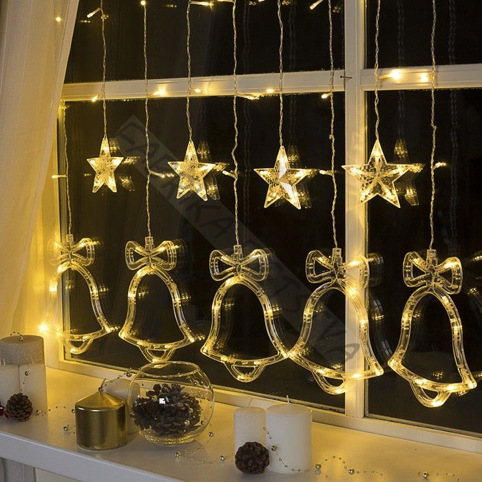 Гирлянда «Бахрома» 2.4 x 0.9 м с насадками «Колокольчики», IP20, прозрачная нить, 138 LED, свечение тёплое белое, 8 режимов, 220 В