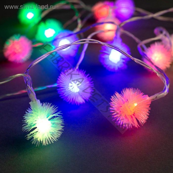 Гирлянда «Нить» 3 м с насадками «Ёжики», IP20, прозрачная нить, 20 LED, батарейки AAх3 (нет в комплекте), свечение мульти