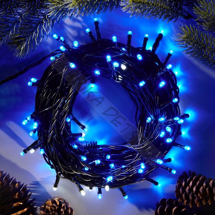 Гирлянда «Нить» 10 м, IP44, УМС, тёмная нить, 100 LED, свечение бело-синее, мигание, 220 В