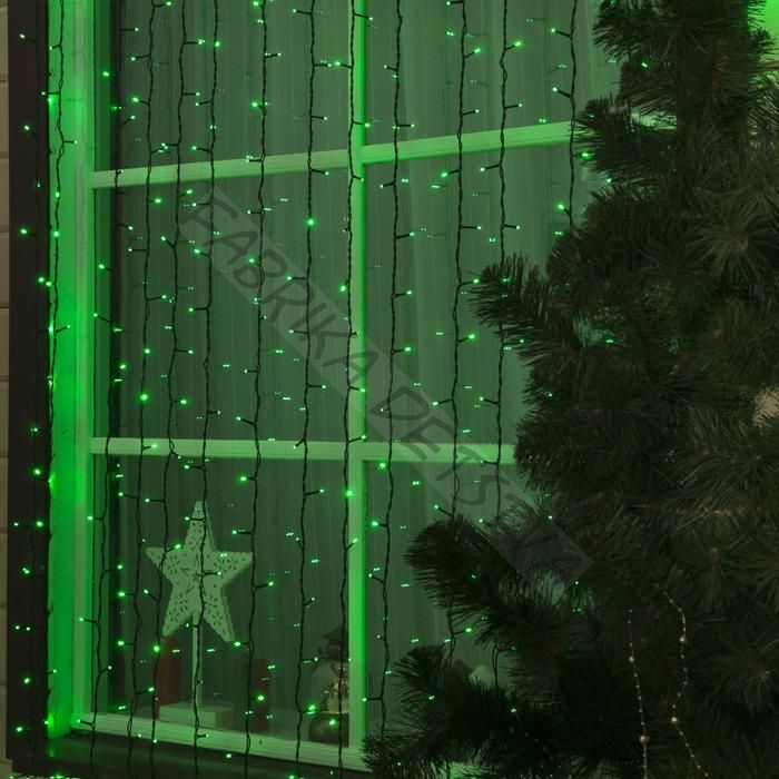 Гирлянда "Занавес" 2 х 6 м, IP44, УМС, тёмная нить, 1440 LED, свечение зелёное, фиксинг, 220 В