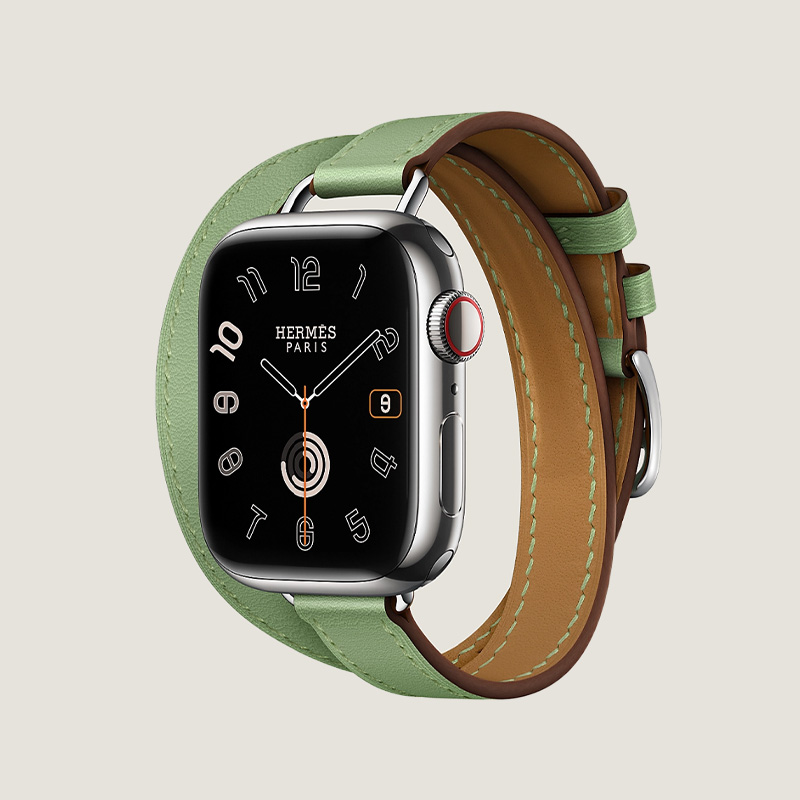 Часы Apple Watch Hermès Series 11 GPS + Cellular 42mm Silver Titanium Case with Vert Criquet Attelage Double Tour