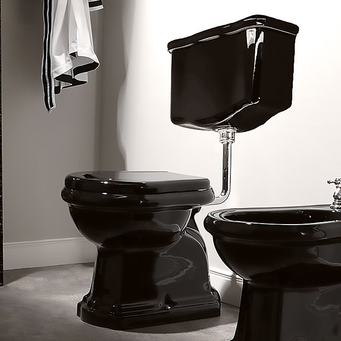 Унитаз Kerasan Retro 72х38.5см., приставной, с низким бачком, слив в пол, цвет черный глянцевый
