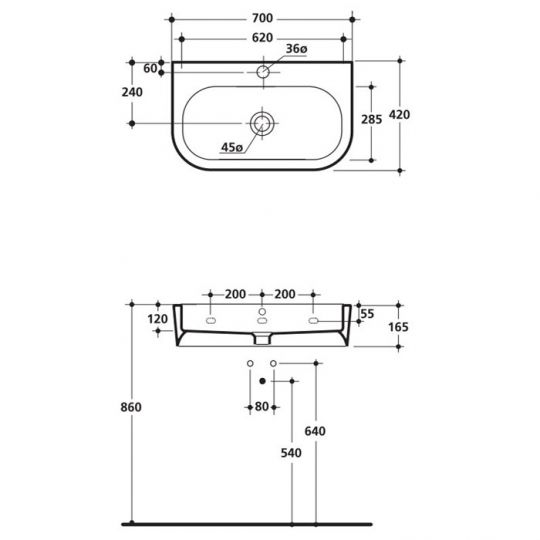 Подвесная раковина Kerasan Flo 315001*1, прямоугольная 70x42 см схема 2