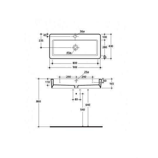 Подвесная раковина Kerasan Ego 325101*1, прямоугольная 90x43 см схема 2
