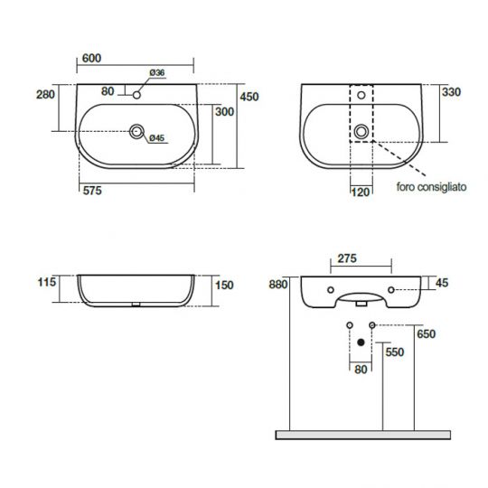 Подвесная раковина Kerasan Nolita 534101*1, закругленная 60x45 см схема 2