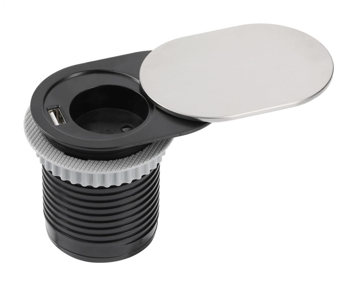 Врезная розетка с крышкой FLY (нержавеющая сталь, на 1 розетку + USB)