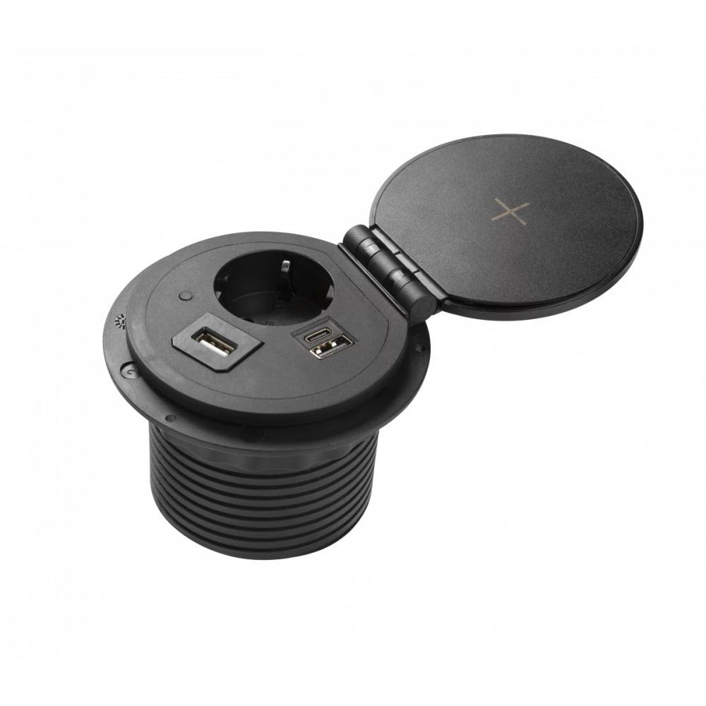 Встраиваемая розетка SET+ (1 розетку, 2 USB (тип A + тип C), беспроводную зарядку, пропуск под кабель / RJ45 / HDMI / информационный USB)