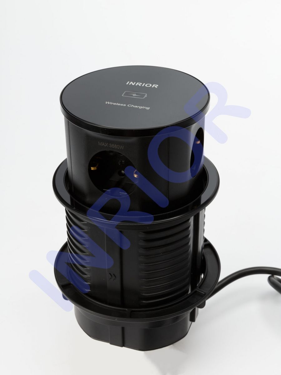 Выдвижной блок розеток, мини колонна MAC-01 (с беспроводной зарядкой 15W, на 3 розетки, 1 USB (A), 1 USB (C) 20W)