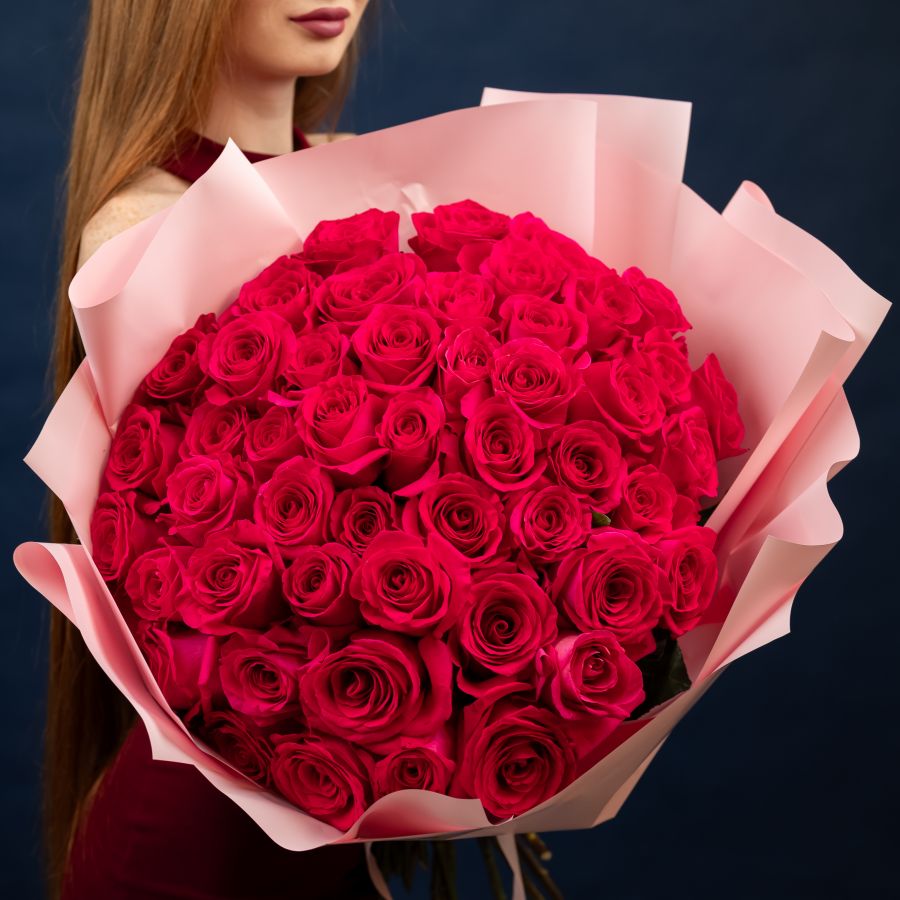 51 розовая роза в упаковке 60см
