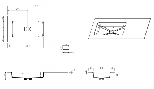Черная раковина-моноблок Armadi Art Quatro 793-120-A-L 121х52 см, чаша слева схема 2
