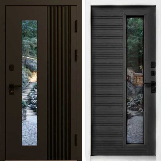 Входная дверь Termo-door Фортис Муар коричневый 8019 - Бетон темный, белый короб с терморазрывом и стеклопакетом