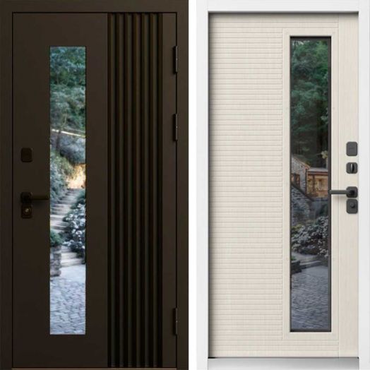 Входная дверь Termo-door Фортис Муар коричневый 8019 - Слоновая кость, белый короб с терморазрывом и стеклопакетом
