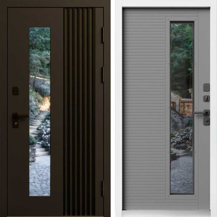 Входная дверь Termo-door Фортис Муар коричневый 8019 - Серая, белый короб с терморазрывом и стеклопакетом