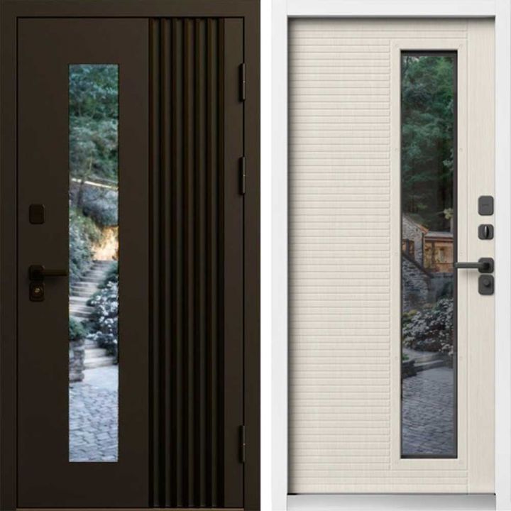 Входная дверь Termo-door Фортис Муар коричневый 8019 - Слоновая кость, белый короб с терморазрывом и стеклопакетом