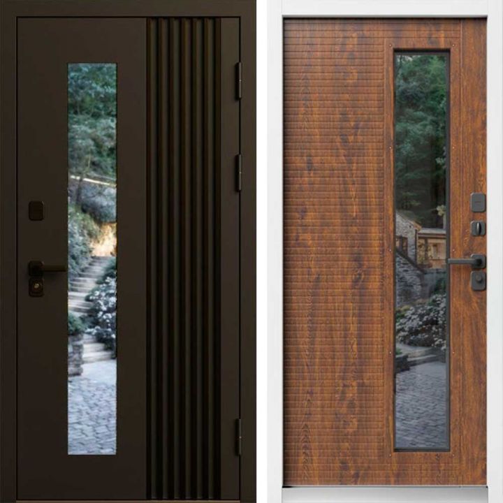 Входная дверь Termo-door Фортис Муар коричневый 8019 - Дуб, белый короб с терморазрывом и стеклопакетом