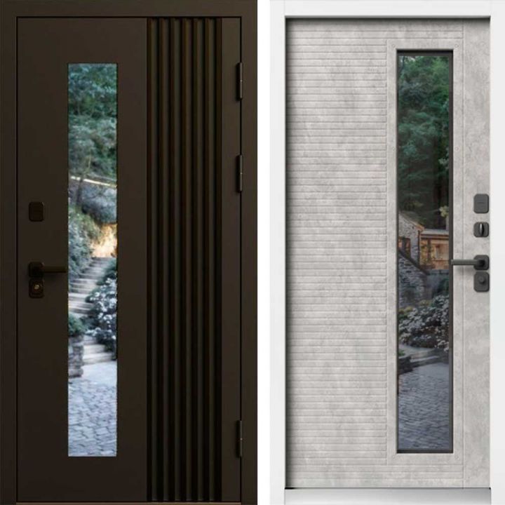 Входная дверь Termo-door Фортис Муар коричневый 8019 - Бетон светлый, белый короб с терморазрывом и стеклопакетом