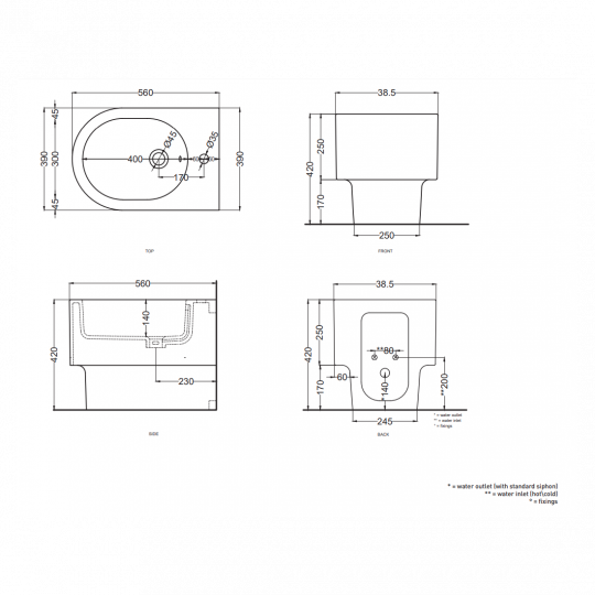 Биде напольное Cielo Otis OTBI с 1 отверстием под смеситель схема 2