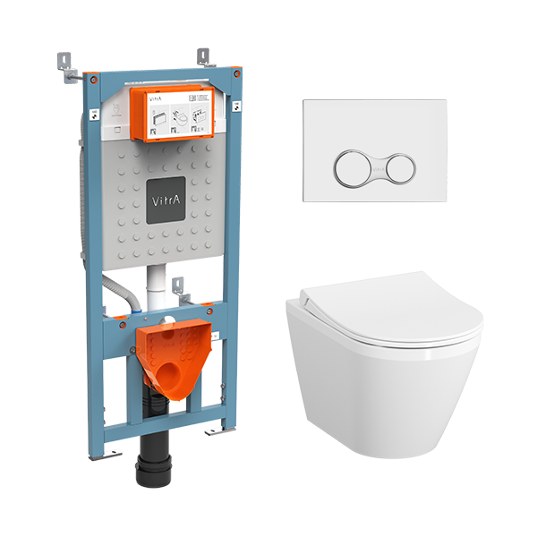 Инсталляция с унитазом VitrA Integra Round комплект 4в1 безободковый, клвиша глянцевый хром 9856B003-7205