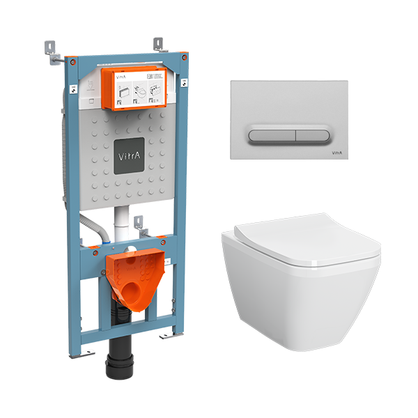Инсталляция с унитазом VitrA Integra Square комплект 4в1 безободковый, клвиша матовый хром 9856B003-7206