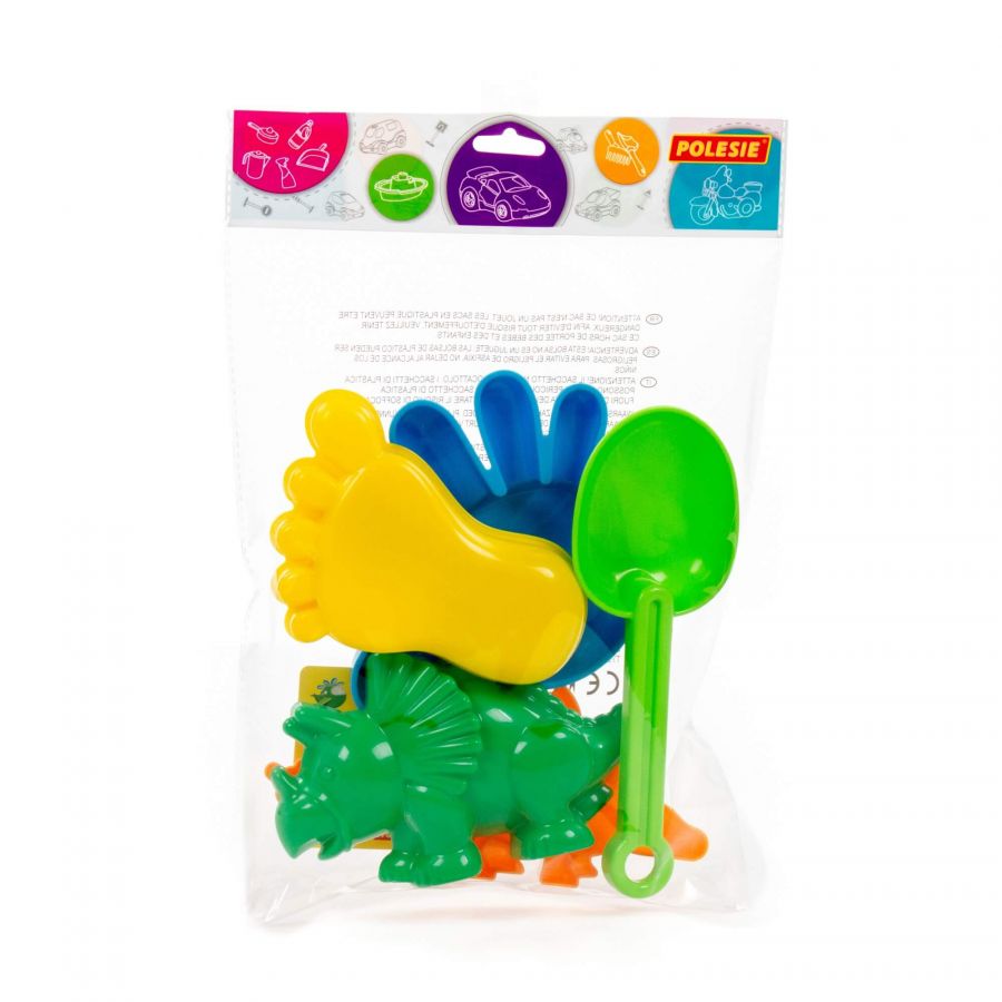 Набор №371: совок №7, формочки (динозавр №1 + динозавр №2 + ладошка + ножка) (в пакете)