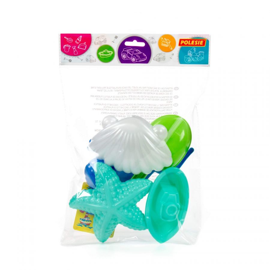 Набор №372: совок №7, грабельки №7, формочки (морской конёк + морская звезда №1 + ракушка №1), кораблик "Юнга" (в пакете)